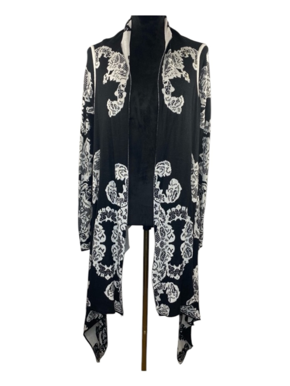 Cyrus Brocade Handkerchief Hem Open Front Cardigan Sweater